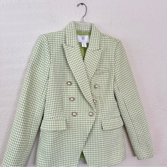 House Of Harlow Tweed Houndstooth Double Breasted Green White Blazer Small - Picture 2 of 6